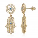 14K Yellow Gold White Sapphire Blue Topaz Jewish Hamsa Hand Evil Eye Screw Back