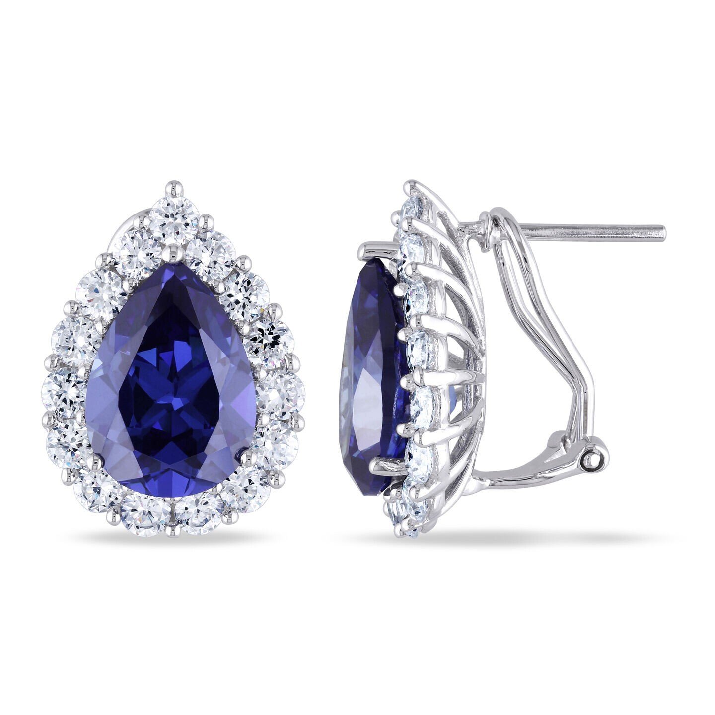 14k White Gold 6.59CTW 925 Sterling Silver Blue Sapphire Cluster Omega Earrings