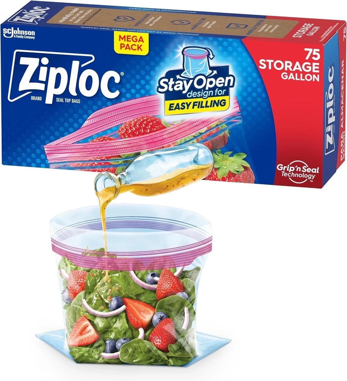 Ziploc Gallon Food Storage Bags, Stay Open Design with Stand-Up Bottom,75 Count