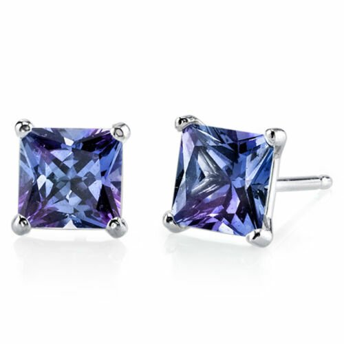 14K White Gold 1.25CT Princess Cut Created Alexandrite Gemstone Stud Earrings