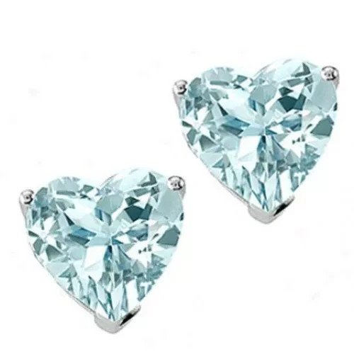 7mm 3.00 CARAT 14K SOLID WHITE GOLD HEART AQUAMARINE SCREW BACK STUD EARRINGS