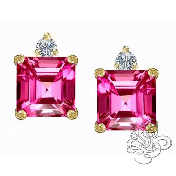 2.49CT UNIQUE 6x6MM 14K GOLD 925 SILVER PRINCESS CUT PINK SAPPHIRE STUD EARRINGS