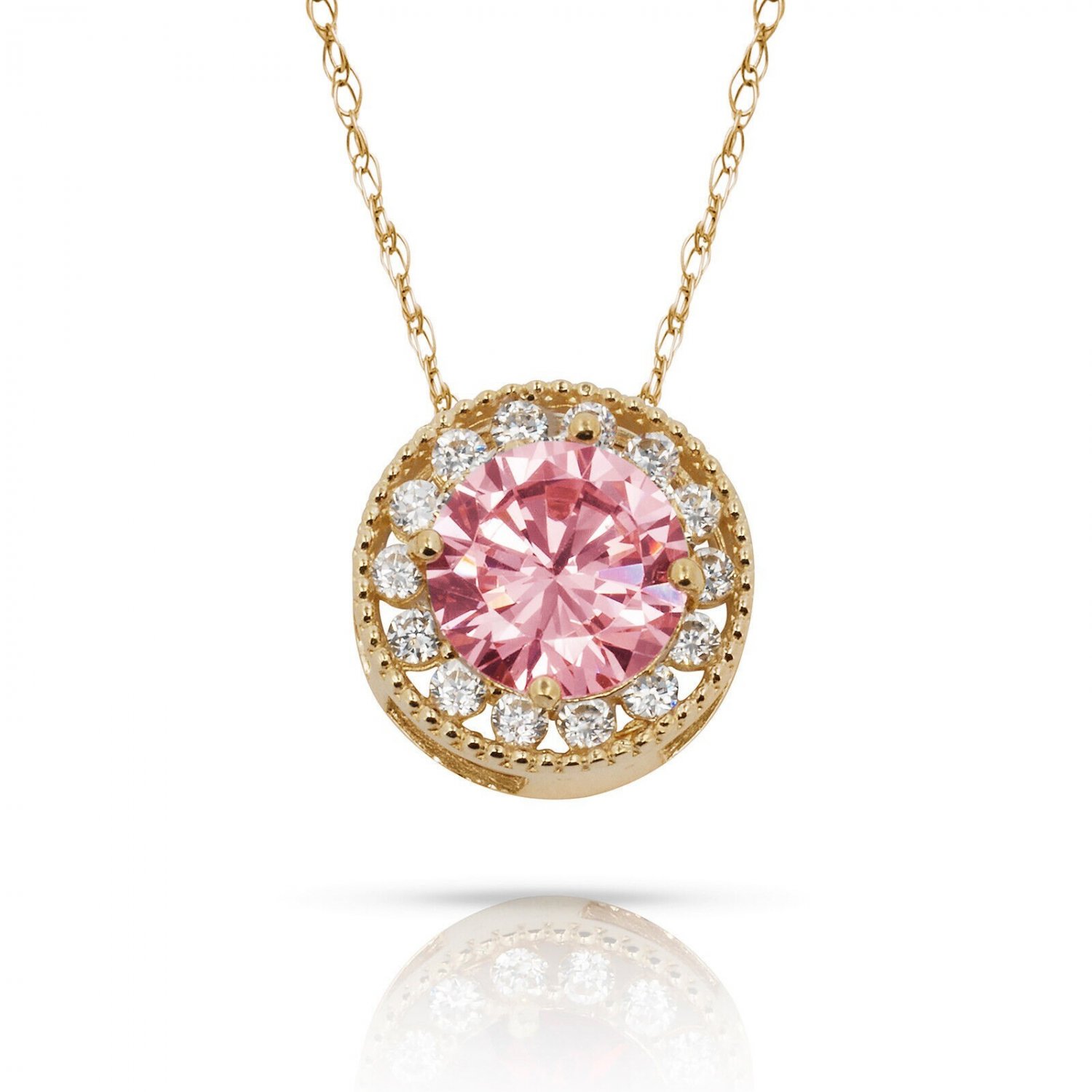14K YELLOW GOLD 16" Chain 1.90CT White & Pink Sapphire Round Halo Charm Pendant