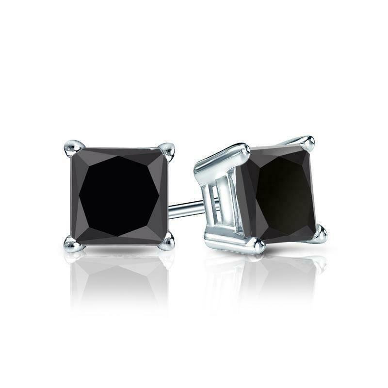 14K White Gold 2.50 CARAT Black Brilliant Princess Cut Screw Back Stud simulated