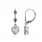 7MM 14K Solid White Gold Bezel Set White Sapphire Heart Leverback Dangle Earring