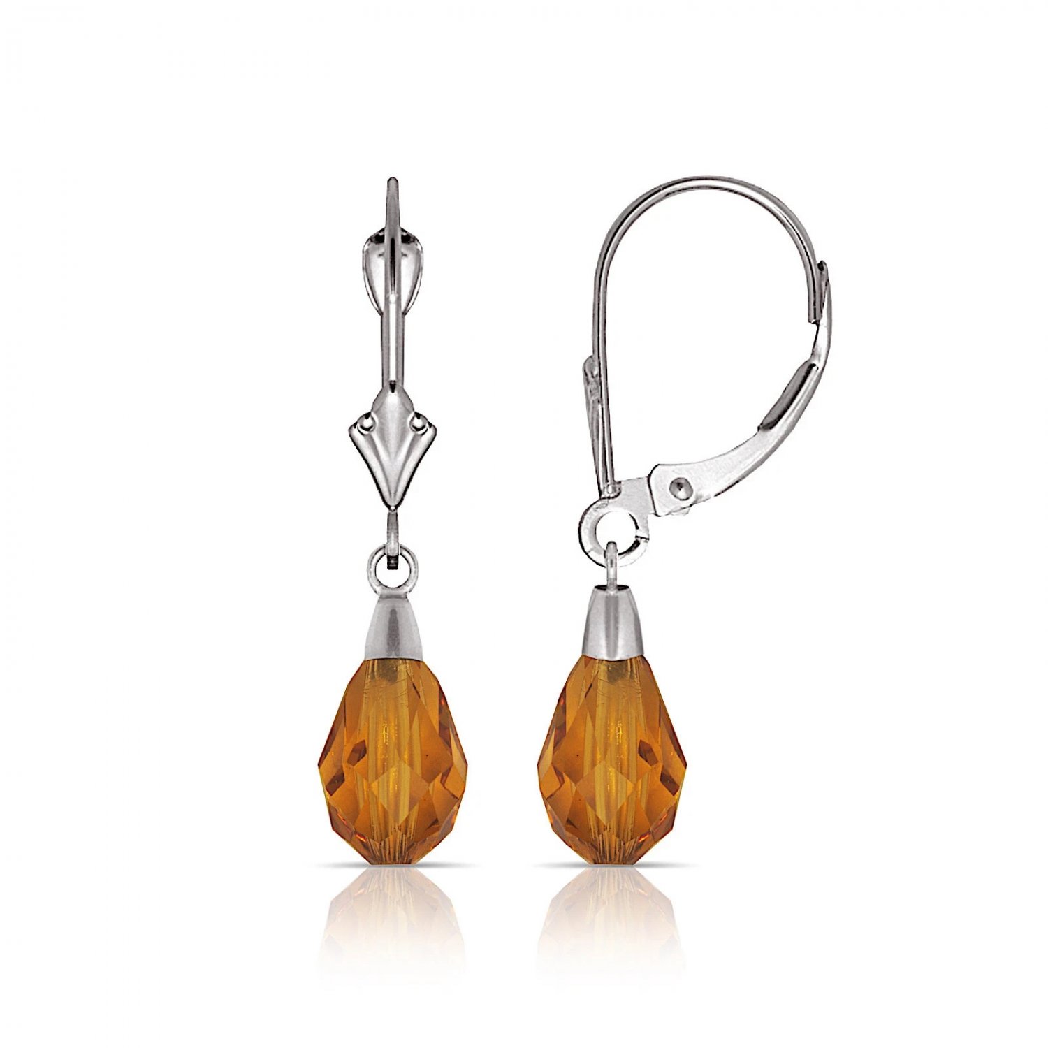 14K White Gold Tear Drop Shaped Dark Citrine Dangle Drop Leverback Earrings