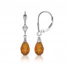 14K White Gold Tear Drop Shaped Dark Citrine Dangle Drop Leverback Earrings