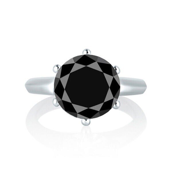 14K WG 3CT Women's 6 Prong Round Black Sapphire Solitaire Engagement Ring