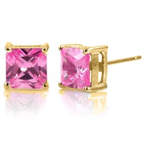 1.00 CARAT 4mm 14K SOLID YELLOW GOLD PRINCESS CUT PINK SAPPHIRE STUD EARRINGS