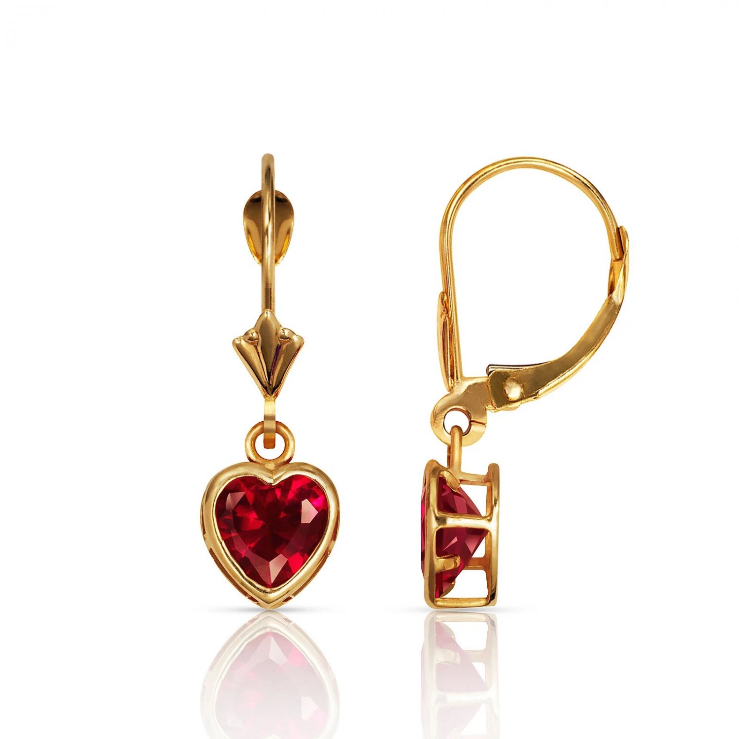 14K Solid Y Gold Bezel Set Red Ruby 7mm Heart Leverback Dangle Earrings