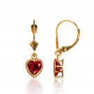 14K Solid Y Gold Bezel Set Red Ruby 7mm Heart Leverback Dangle Earrings