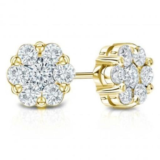 14K Yellow Gold 1CT Brilliant Brilliant Cluster Earrings  Round Cut Flower Stud