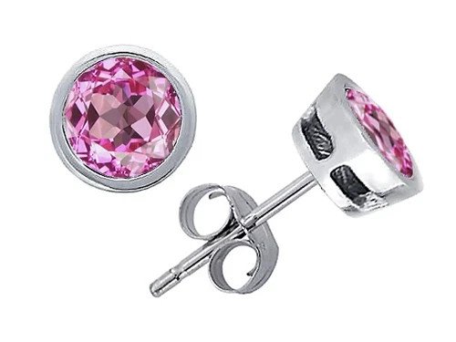 2CT WOMENS UNIQUE 14K SOLID WG BEZEL ROUND CUT PINK SAPPHIRE STUD EARRINGS