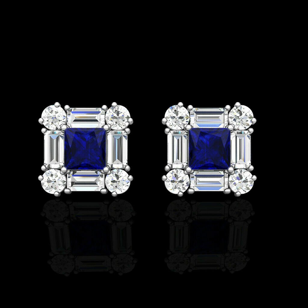 14K White Gold 1.00CT Princess Baguette Round Sapphire Diamond Cluster simulated