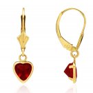 14K Solid Yellow Gold Bezel Set Ruby Heart Leverback Dangle Earrings 6mm