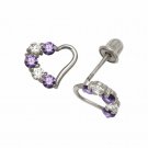 14K White Gold Baby Girl Amethyst & Sapphire Heart Stud Earrings Screw Back