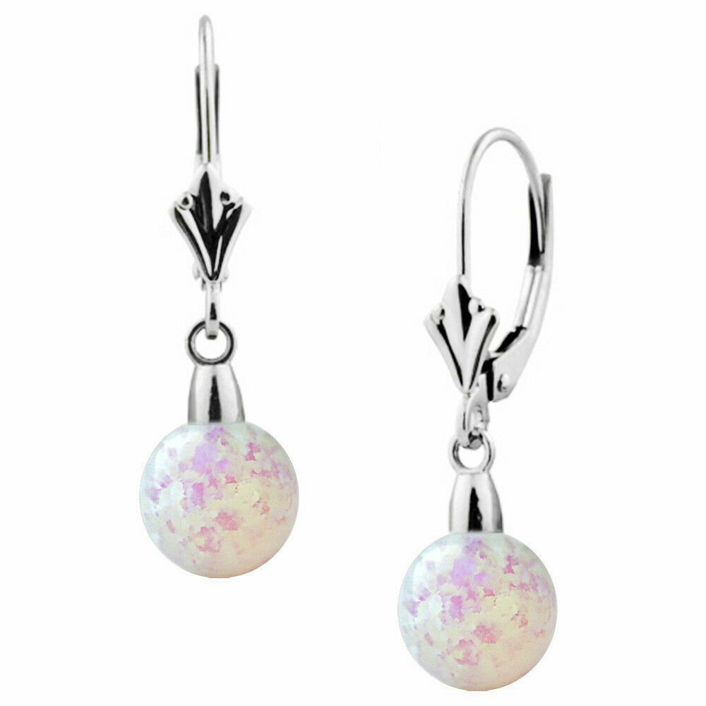 14K White Gold 7MM Fiery White Lever Back Opal Dangling Drop Earrings