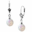 14K White Gold 7MM Fiery White Lever Back Opal Dangling Drop Earrings