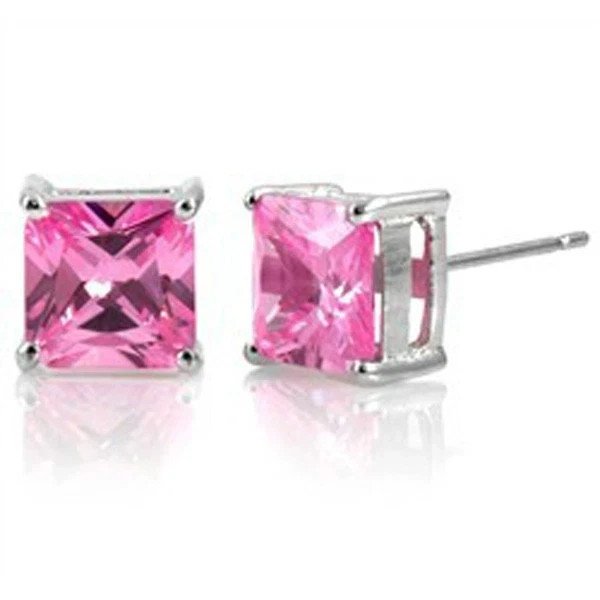 1.50 CT 5mm WOMEN 14K WHITE GOLD PRINCESS CUT PINK SAPPHIRE STUD EARRINGS