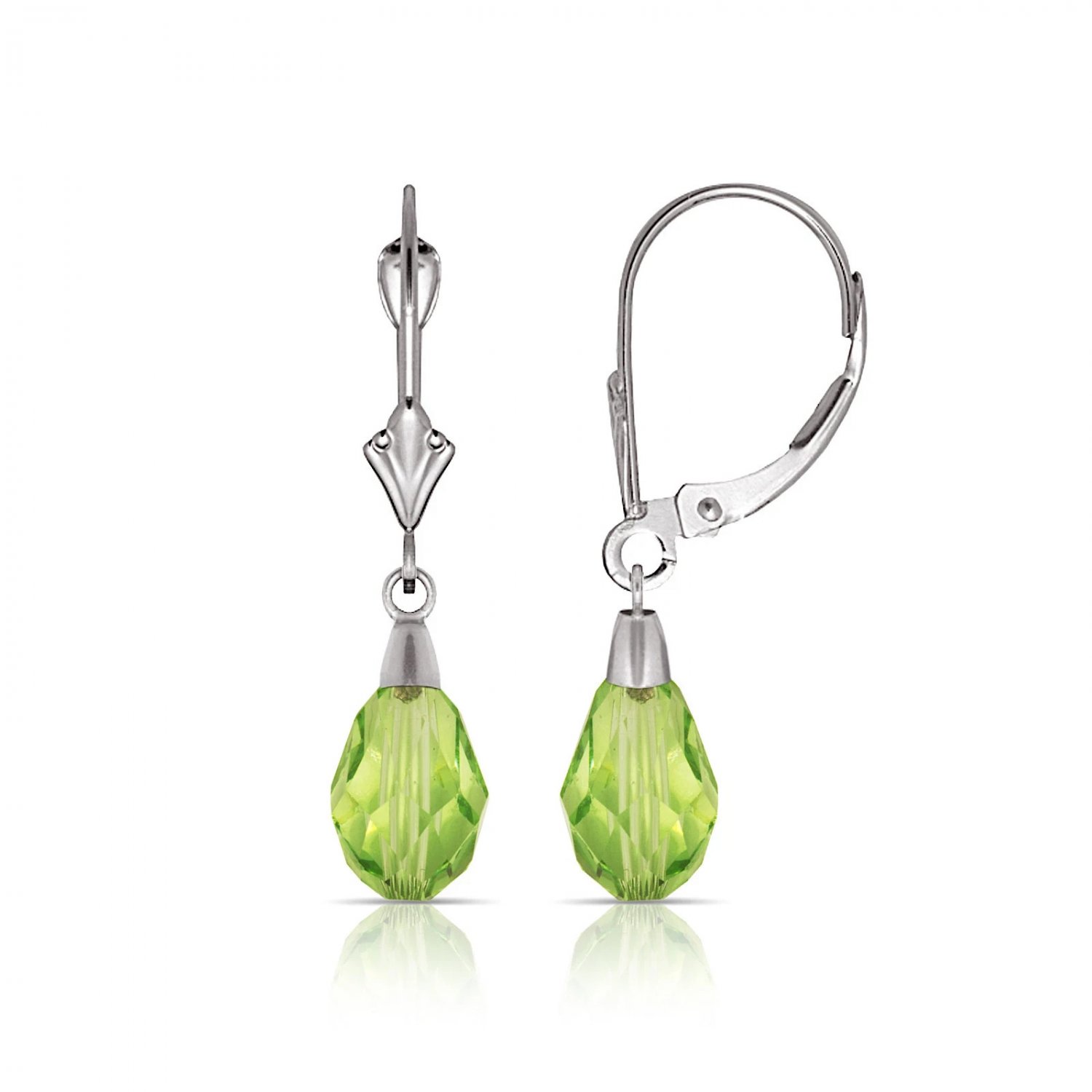 Tear Drop Shaped Light Peridot Dangle Drop Leverback Earrings 14K White Gold