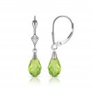 Tear Drop Shaped Light Peridot Dangle Drop Leverback Earrings 14K White Gold