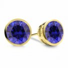 14K Solid Yellow Gold 2.39CT Women's Stylish  Bezel Round Blue Sapphire Earrings