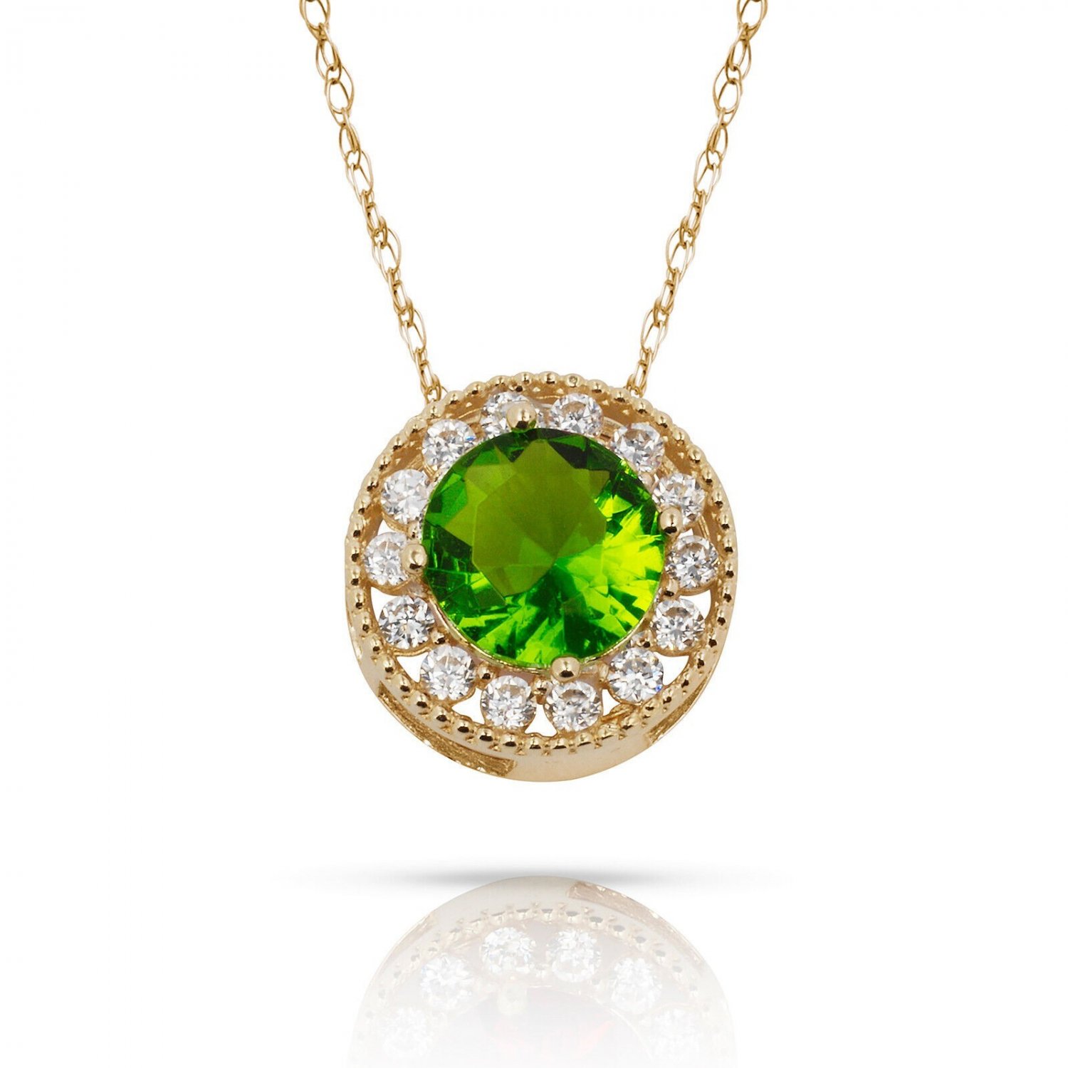 22" Chain 14K Y Gold 1.90CT White Sapphire & Peridot Round Halo Charm Pendant