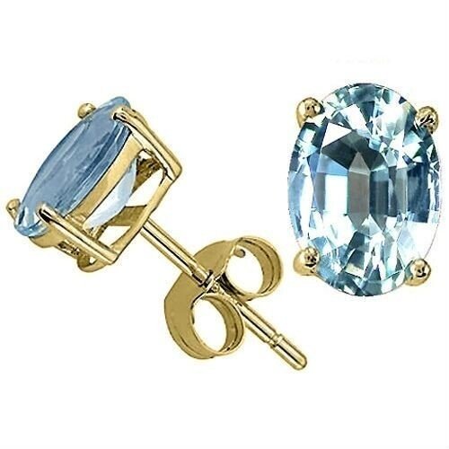 1.00 CARAT 6x4mm 14K SOLID YELLOW GOLD AQUAMARINE OVAL SHAPE STUD EARRINGS PUSH