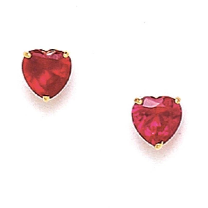 14K Solid Yellow Gold 6MM Ruby July Birthstone Screw Back Heart Earrings ERS21-7