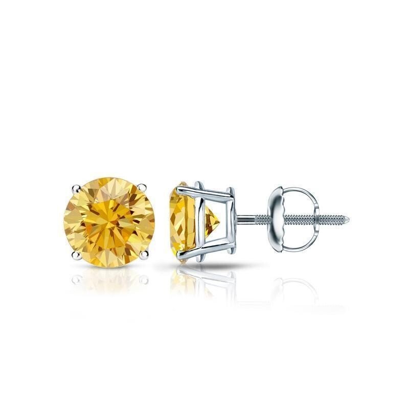 14K White Gold 2CT simulated Round Yellow Canary Earrings Studs ScrewBack Basket