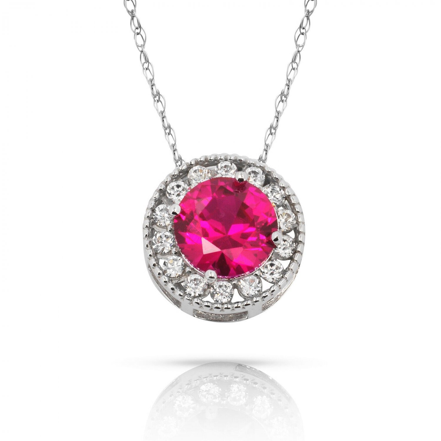 14K White Gold 18" Chain 1.90CT White Sapphire & Ruby Round Halo Charm Pendant
