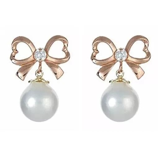 14K Rose Gold Open Bow and Dangle Pearl Screw Back Earrings In 14K