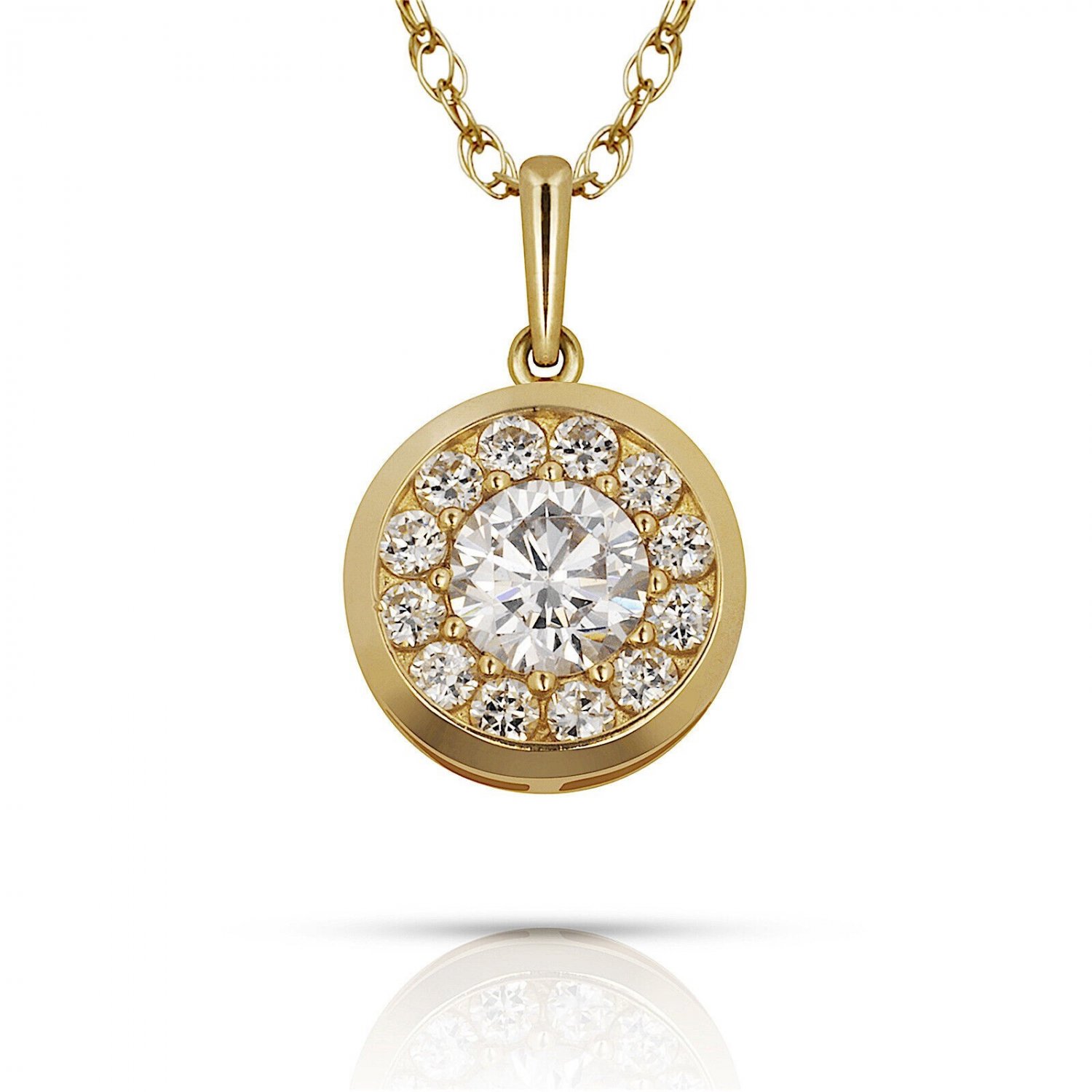 14K Yellow Gold 20" Chain 0.50CT Simulated Bezel Halo Pendant Charm Necklace