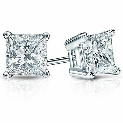 14K White Gold .33 CARAT Square Princess Cut Natural Diamond Stud Earrings