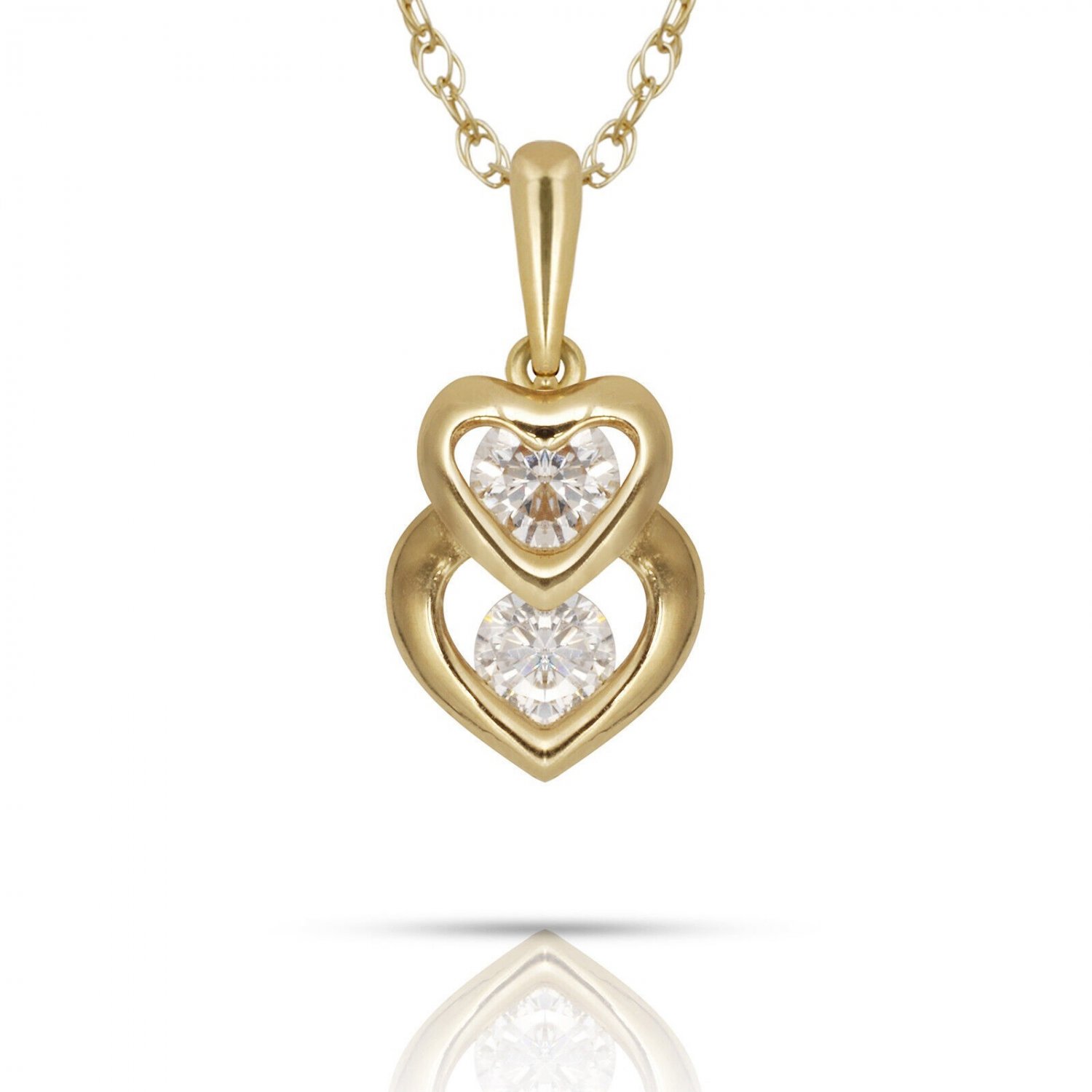 22" 14K Y Gold 0.22CT Brilliant Round Simulated Diamond Double Heart Pendant