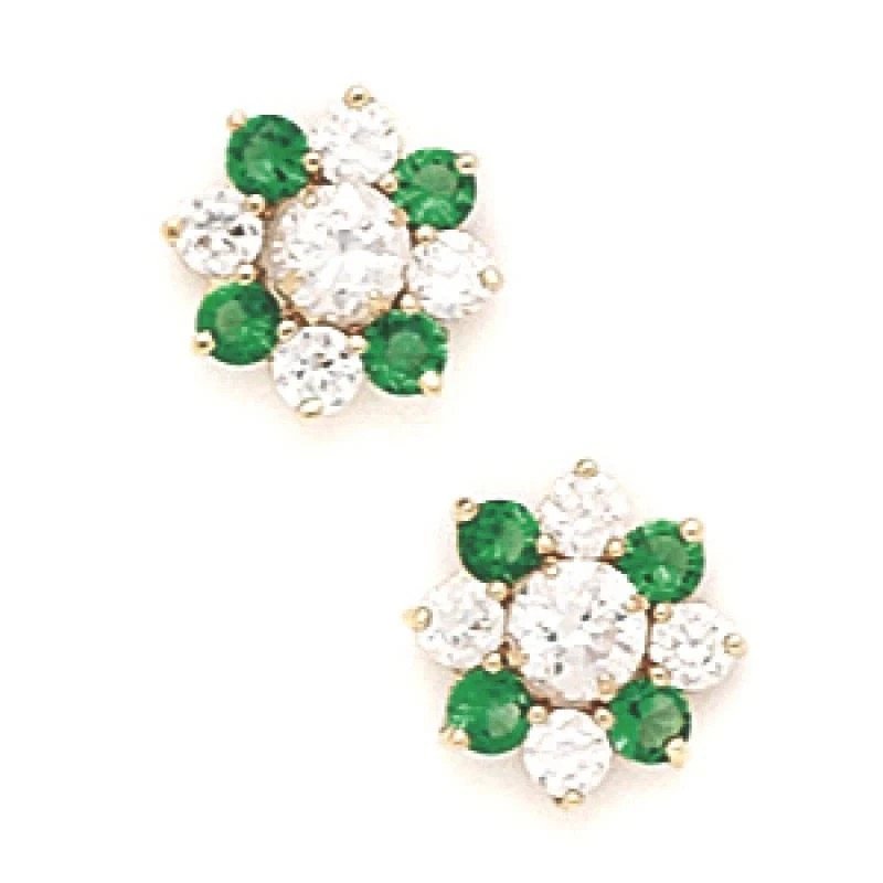14K Solid Yellow Gold 8MM Emerald May Birthstone Flower Studs ER-PE32-5