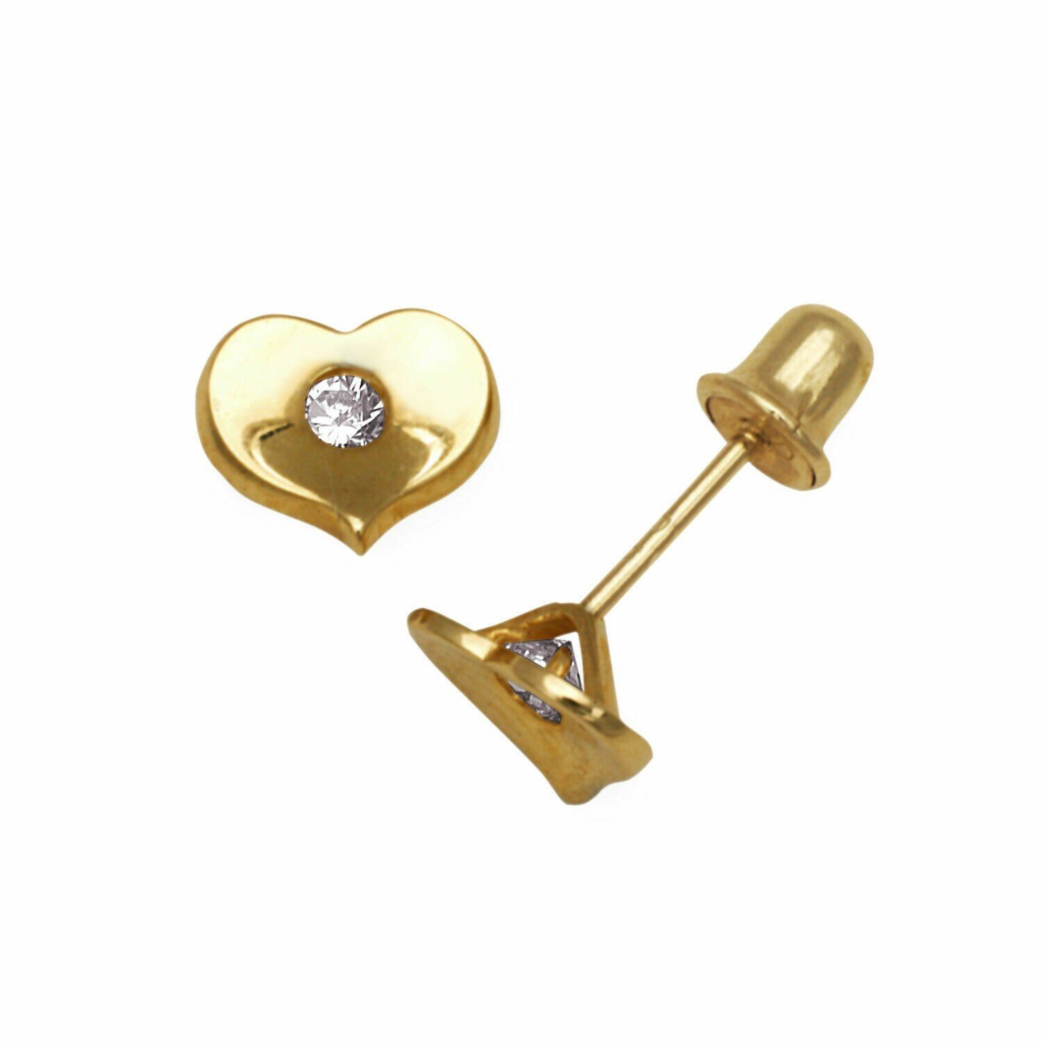 14K Yellow Gold Round White Sapphire Polished Heart Screw Back Stud Earrings