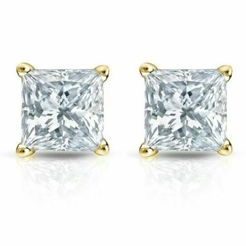 Solid 14K Yellow Gold 3.00CT Brilliant Princess Cut  Push Back Stud simulated