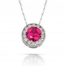 14K White Gold 16" Chain 1.90CT White Sapphire & Ruby Round Halo Charm Pendant