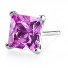 14k White Gold Princess Cut Created Pink Sapphire Gemstone Stud Earrings