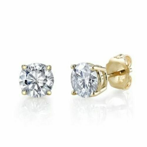 Solid 14K Yellow Gold 2CT Round Brilliant Cut Basket Push Back Stud simulated