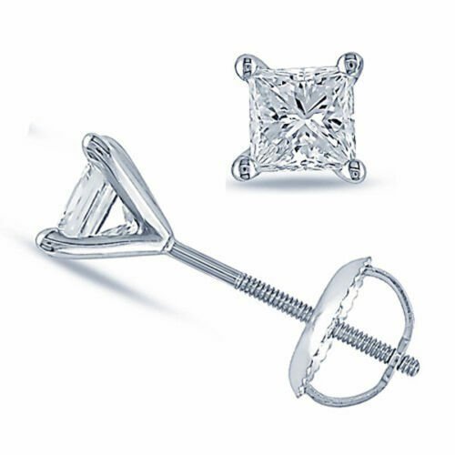 14K WHITE GOLD  1CT WOMENS MARTINI PRINCESS CUT SCREW BACK STUD simulated