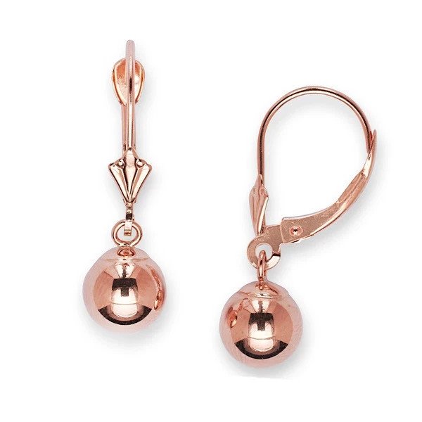14k SOLID Rose Gold Drop Dangle Lever Back Ball Earrings 6mm
