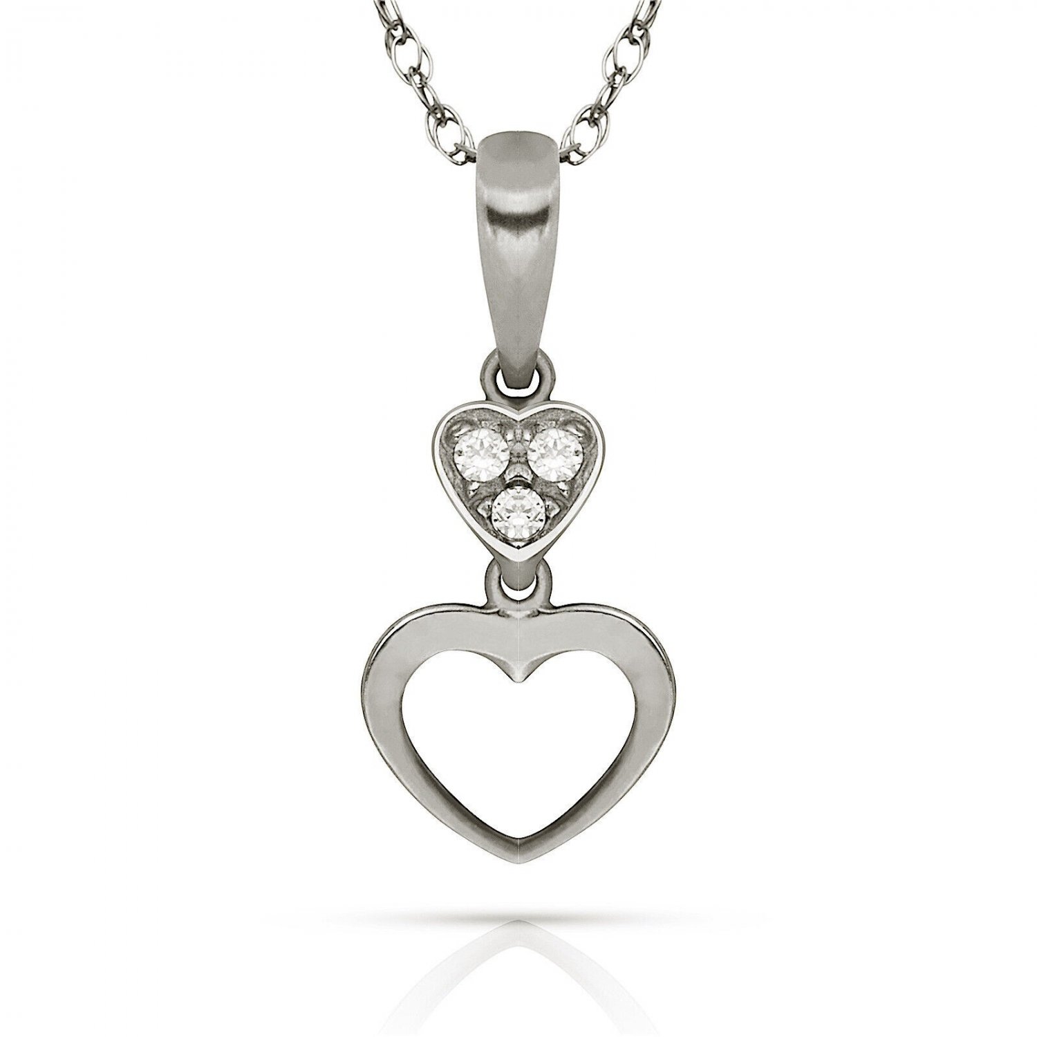 22" 14K W Gold 0.09CT Brilliant Round Simulated Double Heart Pendant Charm
