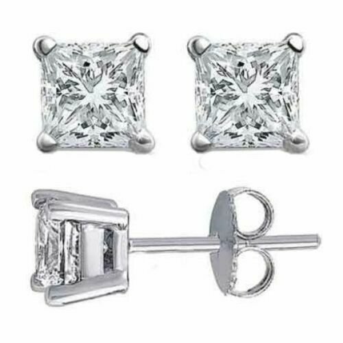 18K Solid White Gold 4.00 CARAT Brilliant Princess Cut Push Back Stud simulated