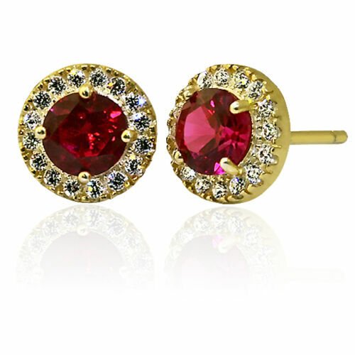 2.39 CT HALO ROUND RUBY STUD EARRINGS 14K Y GOLD PLATED OVER STERLING SILVER