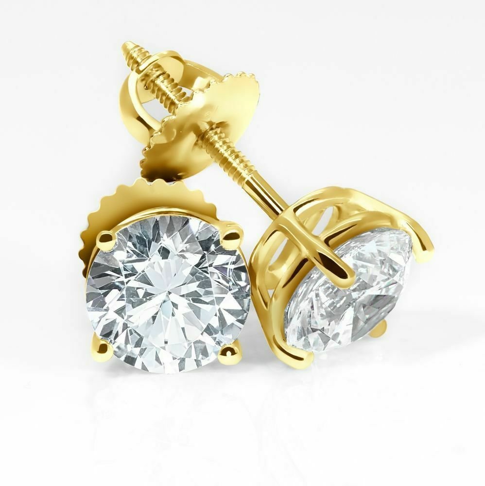 14K Yellow Gold 4CT Round Solid  Brilliant Cut Basket Screw Back Stud  simulated