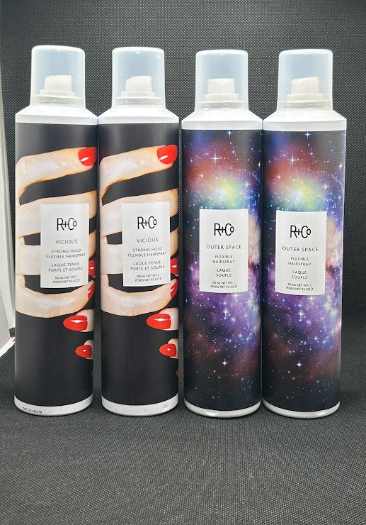 4 PK R+Co VICIOUS Strong Hold Flexible Spray 9.5 oz + R+CO Outer Space Flexible