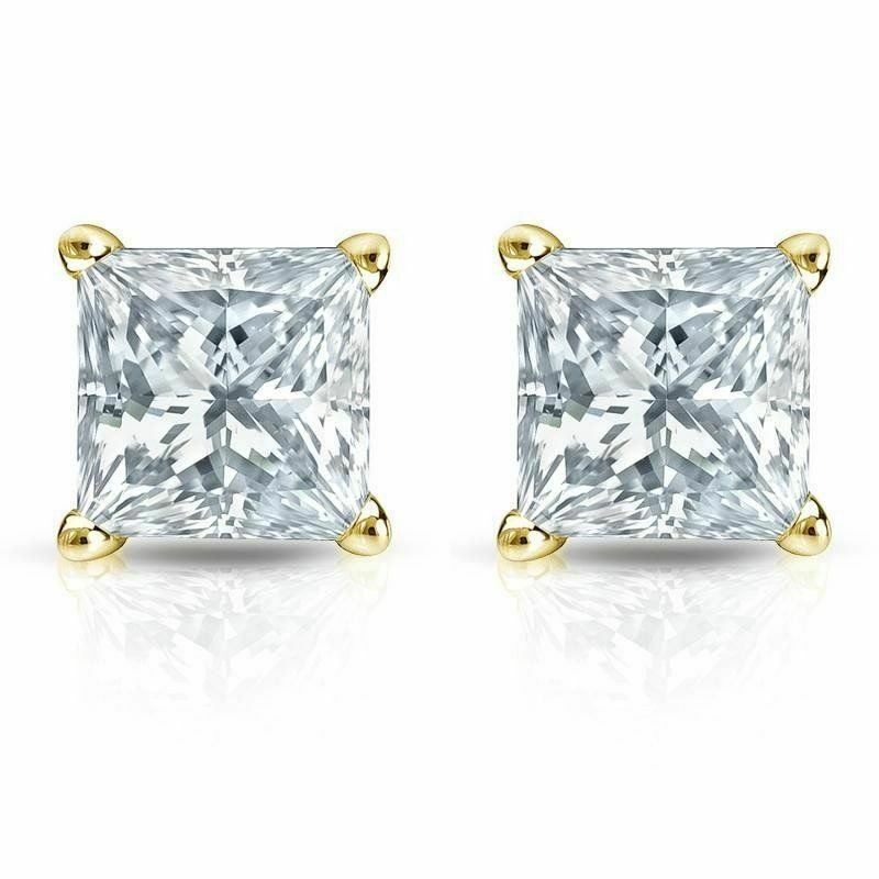 14K Solid Yellow Gold 0.60CT Princess Cut G/I1 Diamonds Push Back Stud Earrings