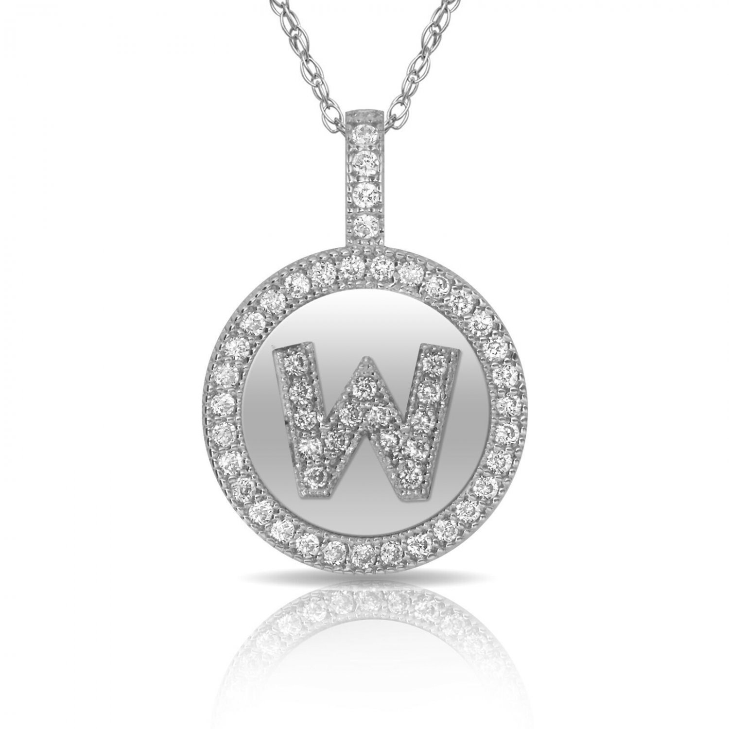 16" 14K Solid White Gold Round Circle Initial W Letter Charm Pendant & Necklace